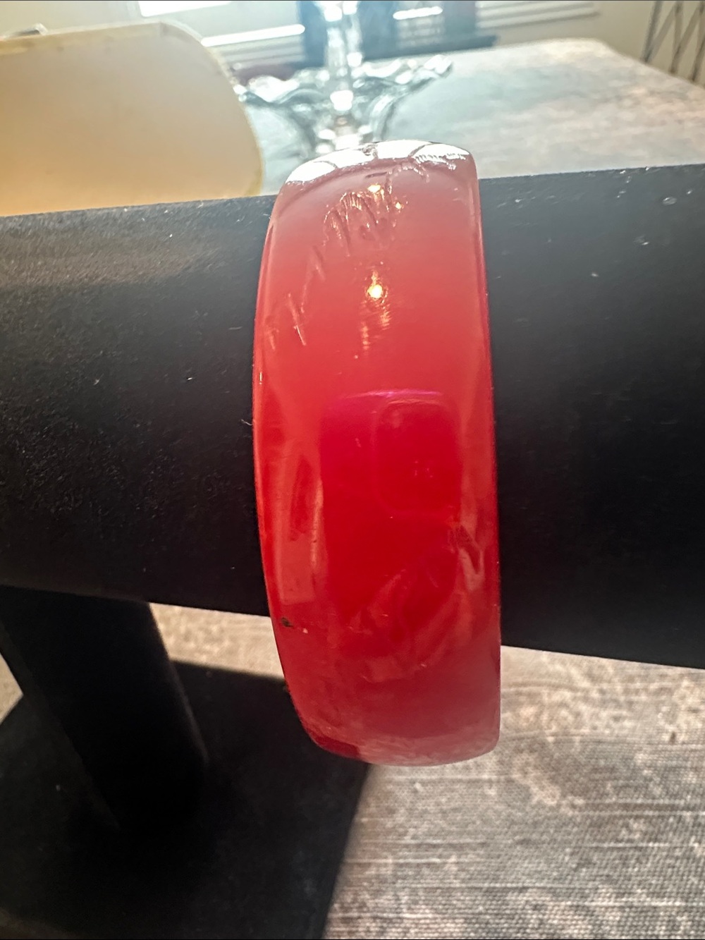 Cherry Red Bakelite  Bangle Bracelet with delicate carved design